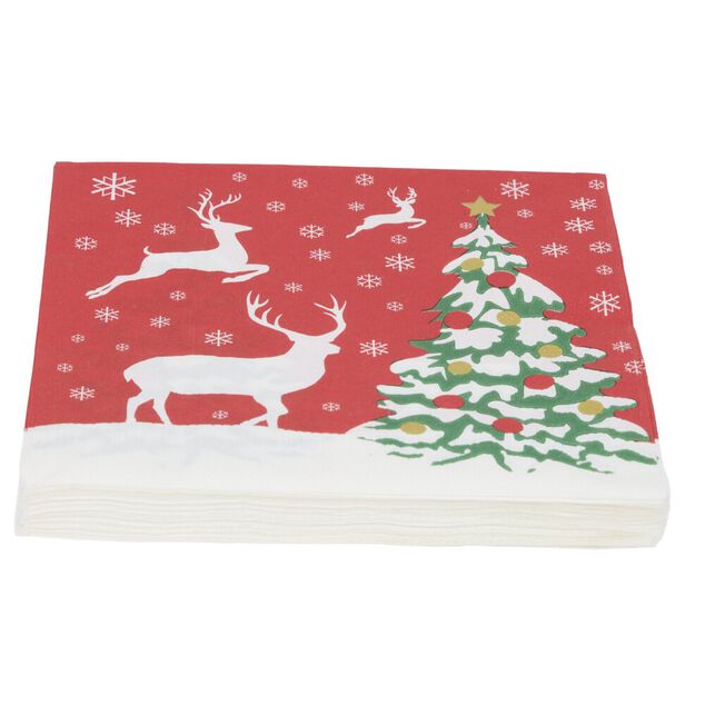 Serviette en papier 4 plis X20 pcs imprim&eacute; paysage enneig&eacute; et rennes 33X33 cm rouge