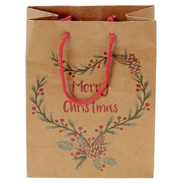 Sac cadeau papier recycl&eacute; marron lani&egrave;re rouge Taille M