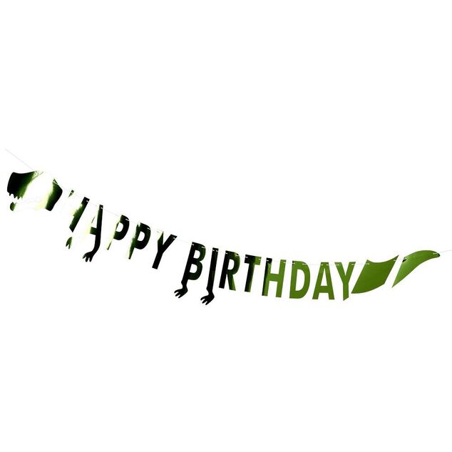 Guirlande anniversaire Happy Birthday dinosaure aluminium vert 2,5m