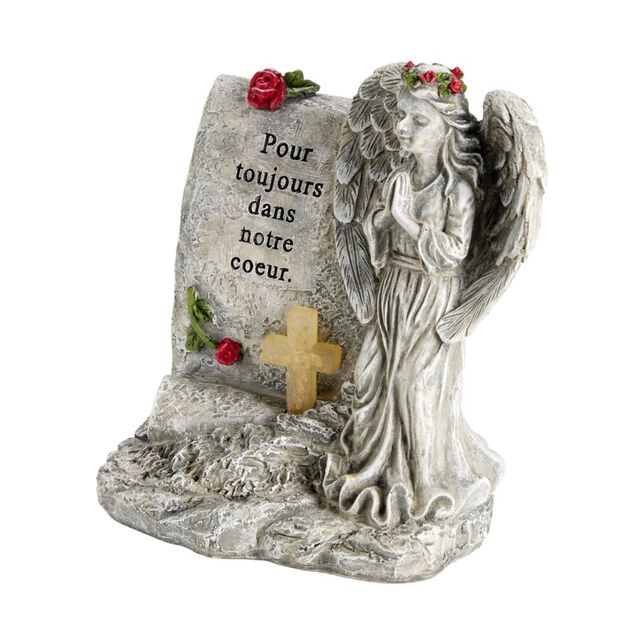 Plaque fun&eacute;raire LED avec ange polyr&eacute;sine gris 18,5x12xH20,5cm