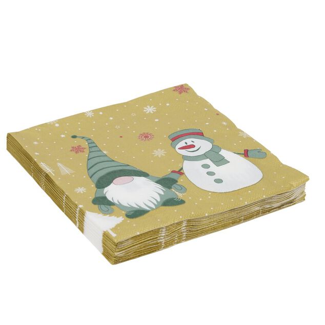 Serviette en papier 4 plis X20 pcs imprim&eacute; bonhomme de neige et lutin de No&euml;l 33X33 cm dor&eacute;