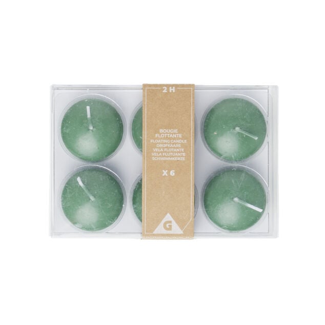 Lot de 6 bougies flottantes cire verte &Oslash;4,5cm