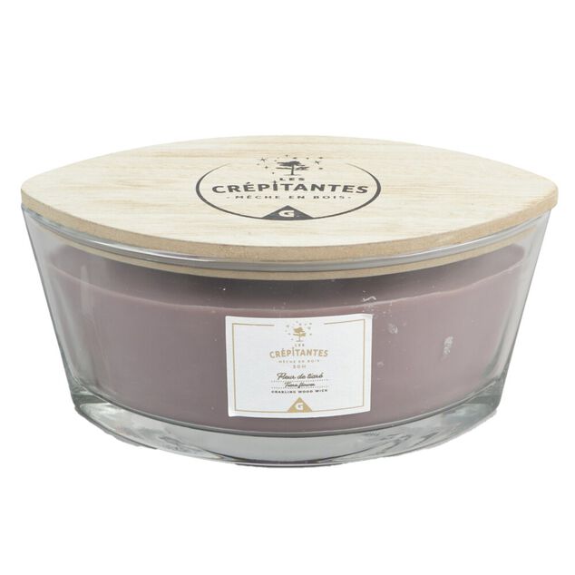 Bougie cr&eacute;pitante dans verre couvercle et m&egrave;che bois senteur fleur de tiar&eacute; 30H