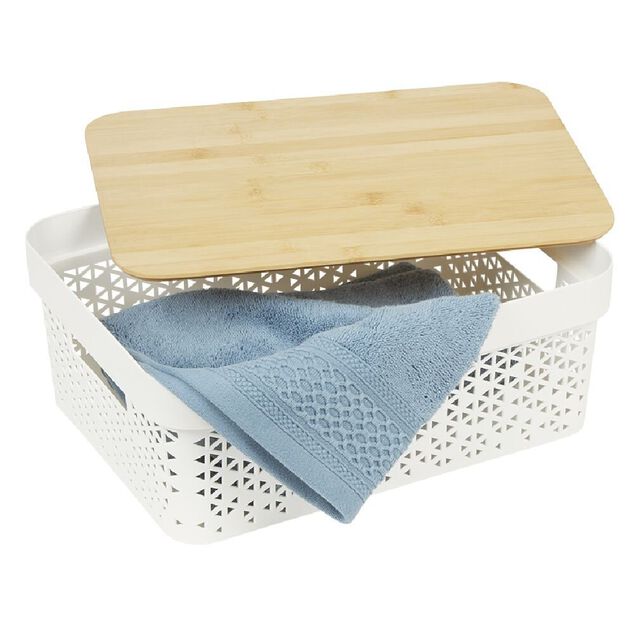 Pani&egrave;re de rangement blanche avec couvercle en bambou petit mod&egrave;le