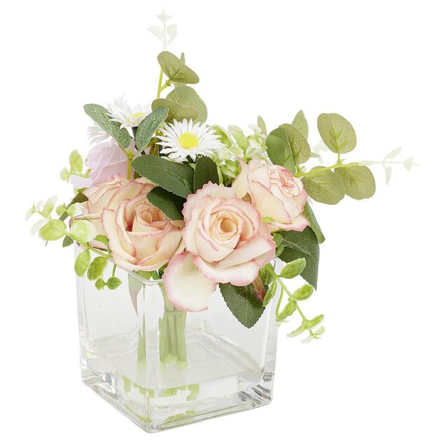 Pot verre transparent fleur artificielle L18x18xH22cm