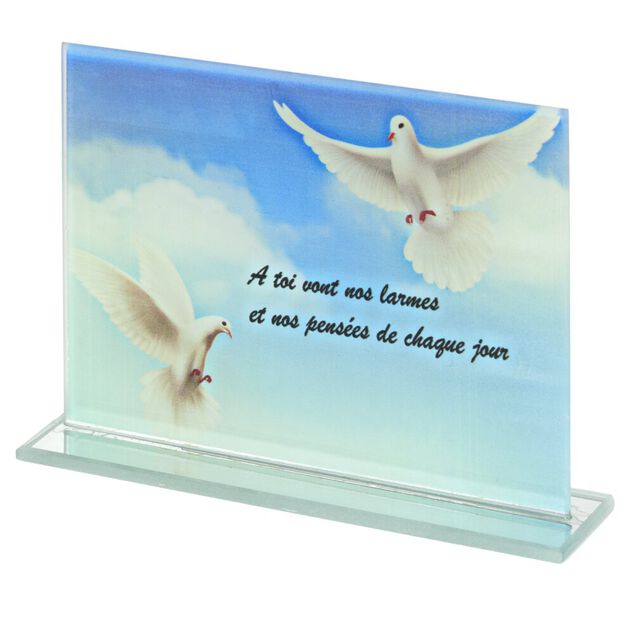 Plaque fun&eacute;raire rectangulaire en verre d&eacute;cor oiseau et ciel bleu 16x3,5xH10,5cm