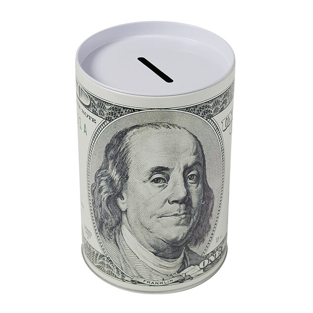 Tirelire cylindrique motif billet de banque