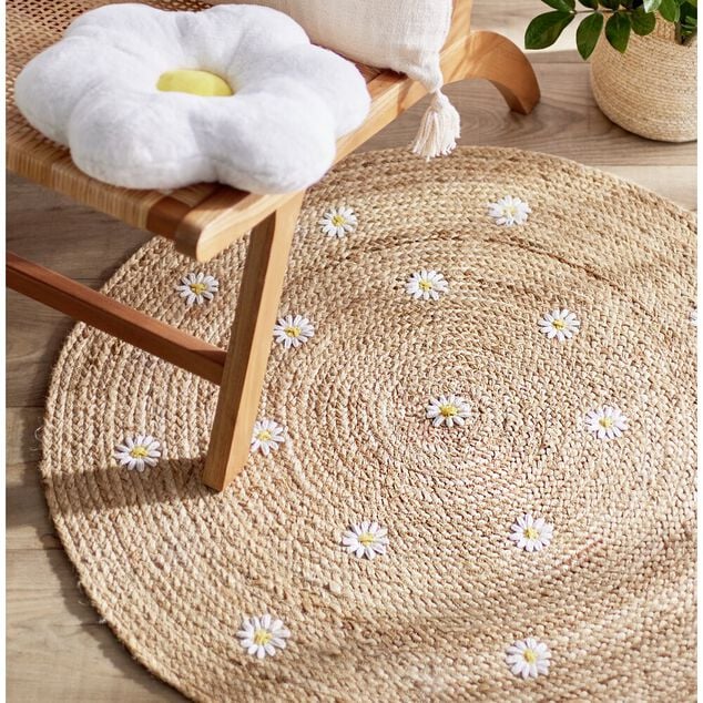 Tapis rond en jute &Oslash;90cm motif marguerites