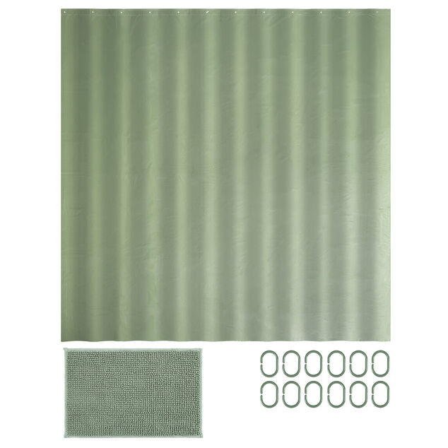 Rideau de douche avec anneaux et tapis salle de bain chenille (2 modèles gris ou vert)