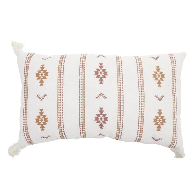 Coussin rectangulaire Indie blanc motif orange avec pompons 30x50cm