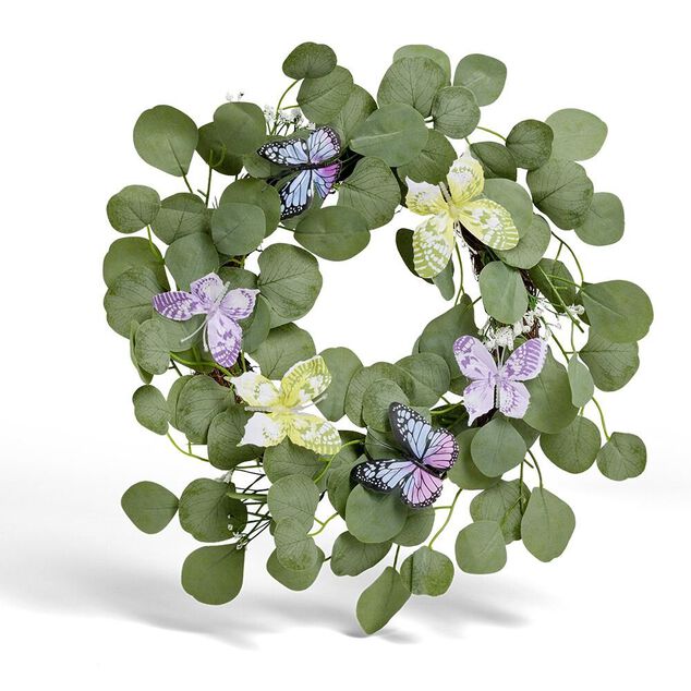 Couronne déco printemps eucalyptus artificiel et papillons Ø45cm