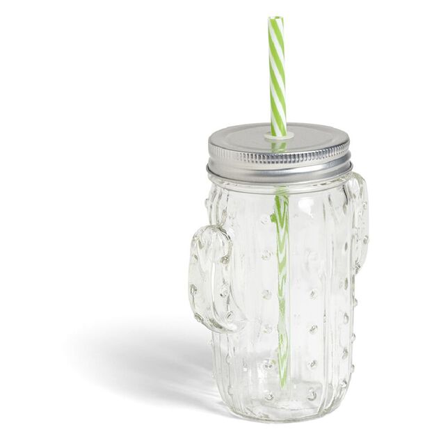 Gobelet 460ml forme cactus avec paille verre transparent