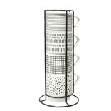 Lot de 4 tasses empilables 20cl porcelaine blanc et noir avec support métal