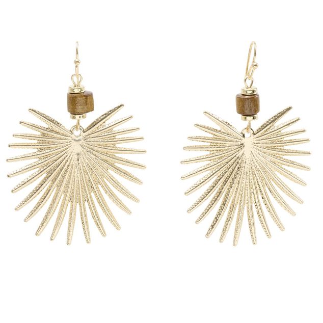 Boucles d'oreilles m&eacute;tal et bois feuille dor&eacute;es L4cm