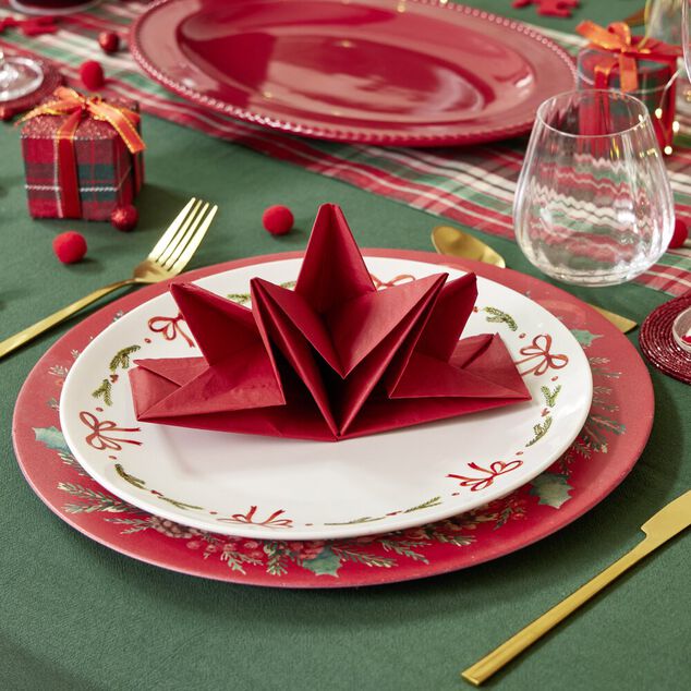 Assiette plate c&eacute;ramique blanche bord noeuds rouges &Oslash;26,5cm