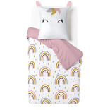 Parure de lit enfant 1 personne 140x200cm r&eacute;versible motif licorne arc-en-ciel rose