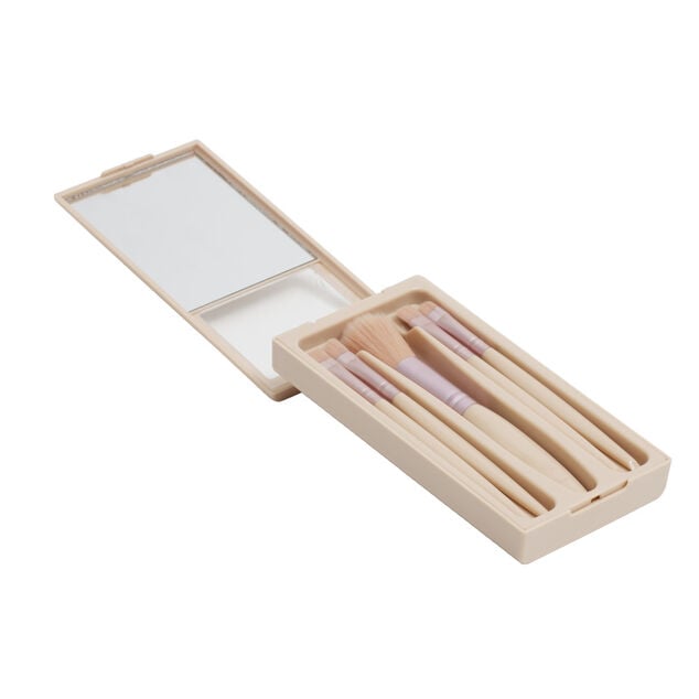 Kit de 5 pinceaux &agrave; maquillage dans bo&icirc;te avec miroir 7x13,5cm