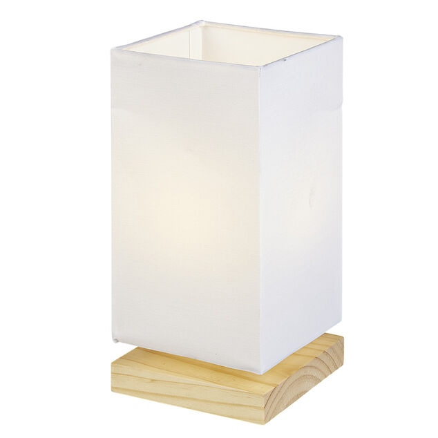 Lampe de chevet abat jour blanc sur base carrée en pin naturel