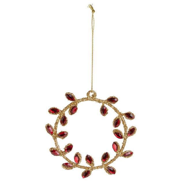 D&eacute;coration &agrave; suspendre couronne dor&eacute;e avec ornement rouge ou bleu &Oslash;8,5cm