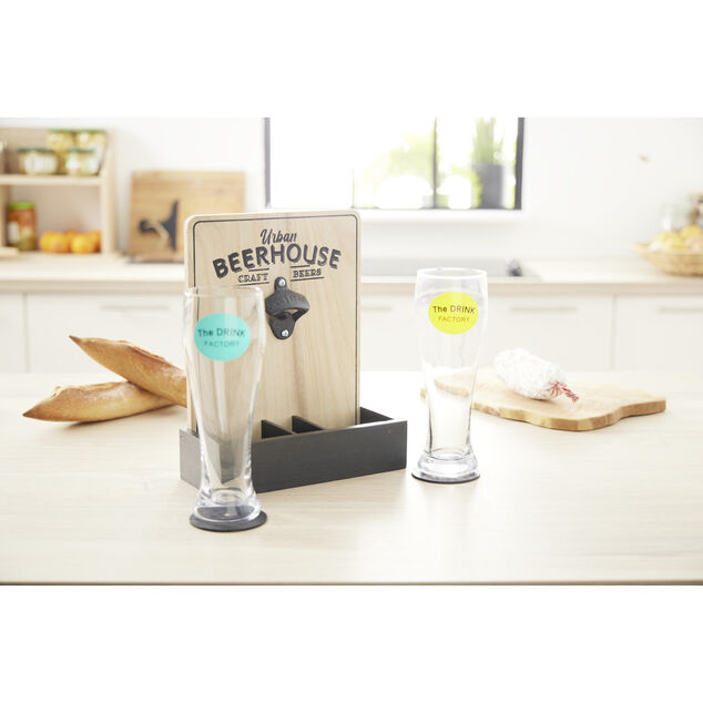 Verre à bière 50cl x2 avec support décapsuleur et 2 sous-verres