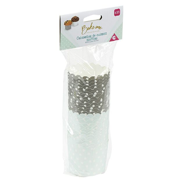 Caissette &agrave; muffin motif pois gris bleu x25