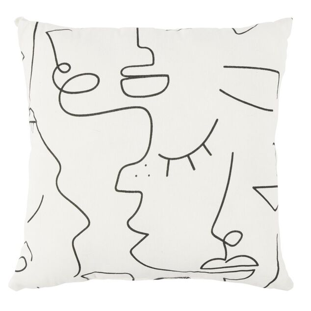 Coussin d&eacute;co line art visage 45x45cm blanc et noir