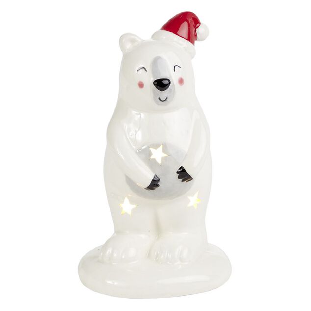Ours de No&euml;l lumineux 1LED c&eacute;ramique blanc H14,5cm