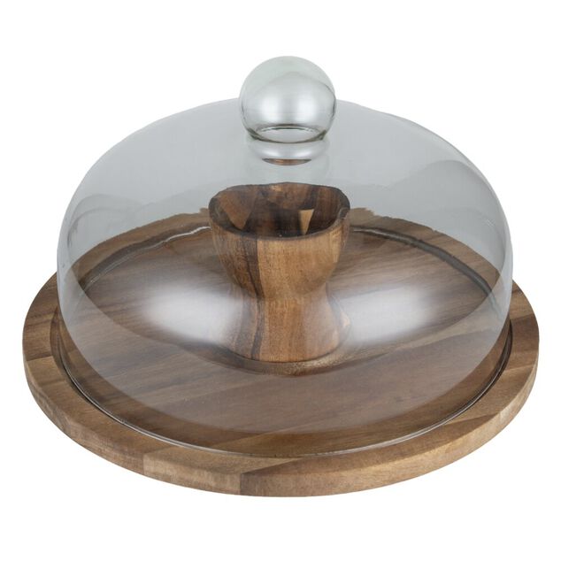 Plateau de pr&eacute;sentation bois avec cloche en verre r&eacute;versible &Oslash;30cm