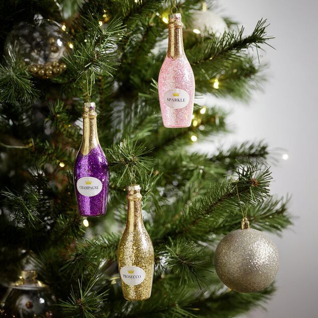 Boule de No&euml;l en verre forme bouteille de champagne &Oslash;4xH14cm (3 mod&egrave;les)