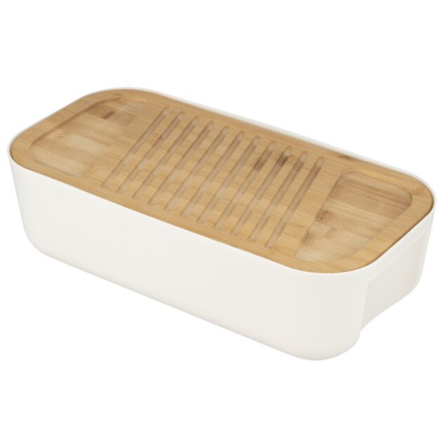 Bo&icirc;te &agrave; pain 6L plastique blanc planche bambou avec couteau et sac tissu coton