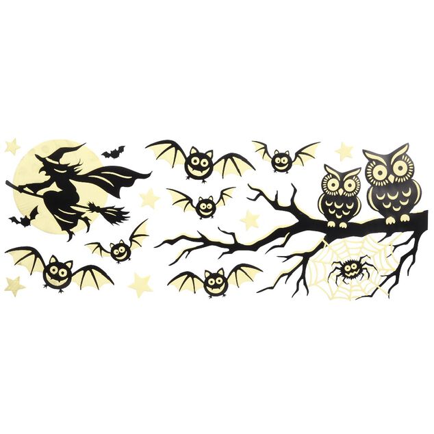 Stickers Halloween noir et jaune sorci&egrave;re et hibou
