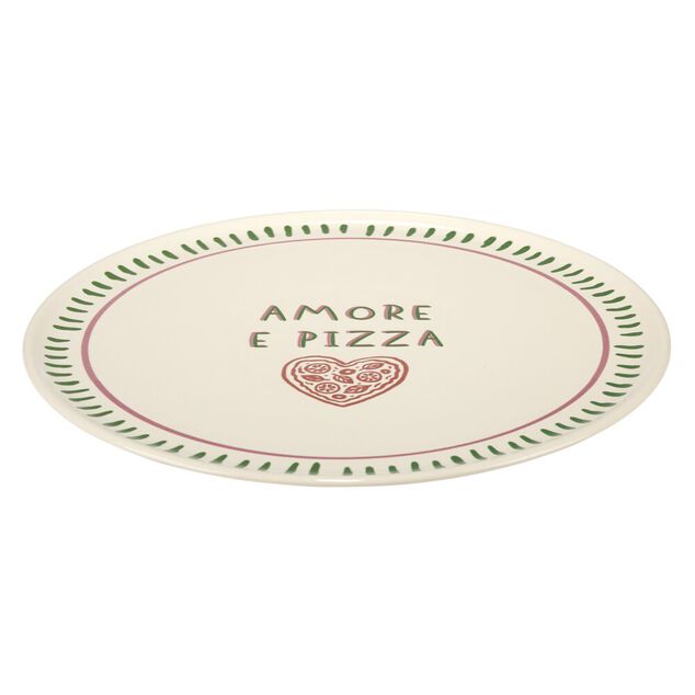 Assiette &agrave; pizza inscription Amore e Pizza beige contour traits verts &Oslash;32cm
