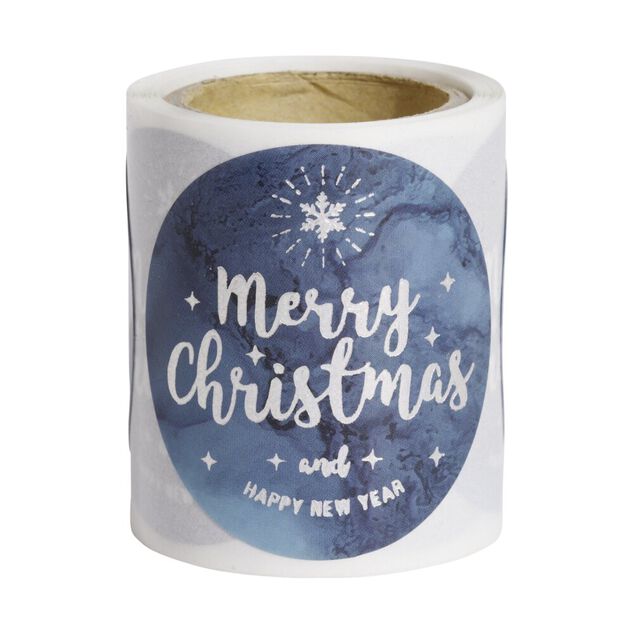 Rouleau &eacute;tiquette autocollante Merry Christmas iridescent bleu &Oslash;3cm x50