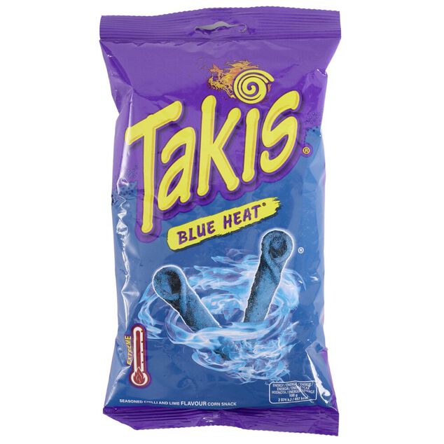 Snacks sal&eacute;s tortillas roul&eacute;es Takis Blue Heat piment extr&ecirc;me saveur citron vert 100gr