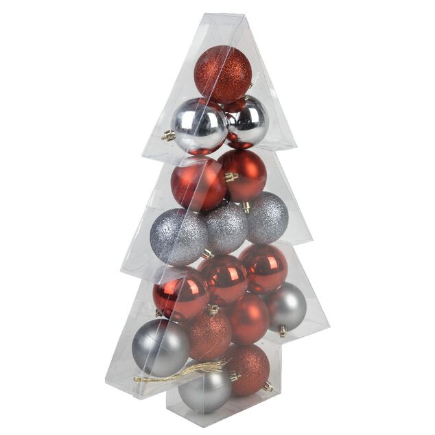 Boule de No&euml;l rouge gris brillant mat x17