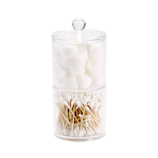 Rangement cosm&eacute;tique plastique transparent avec coton et coton tige bambou &Oslash;10xH19cm
