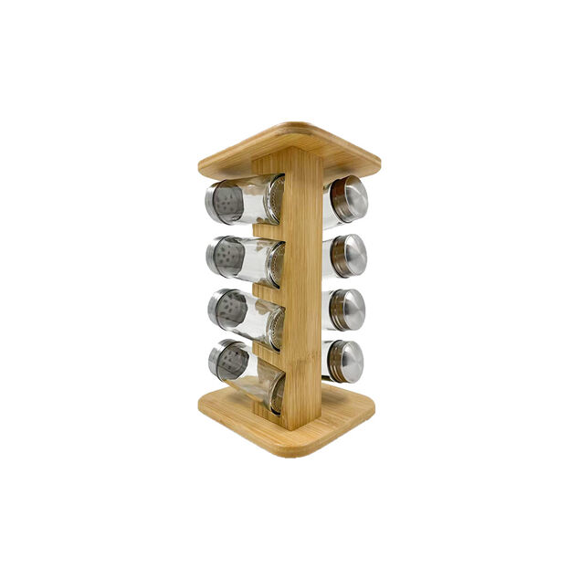 Tour &agrave; &eacute;pices bambou et 8 pots en verre
