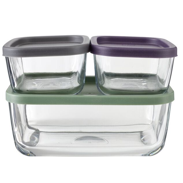 Bo&icirc;te alimentaire x3 verre rectangulaire avec couvercles plastique multicolore 0,4L et 1,17L