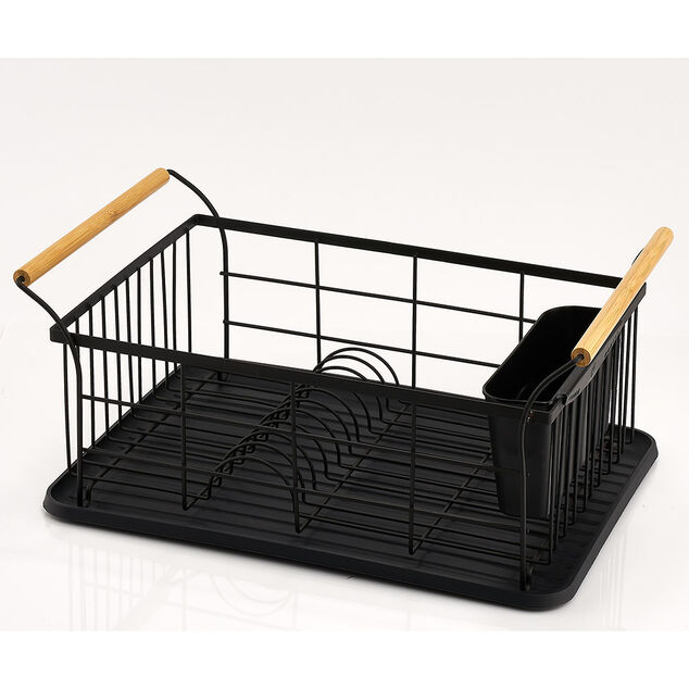 Égouttoir range-couverts poignées bambou plateau noir mat
