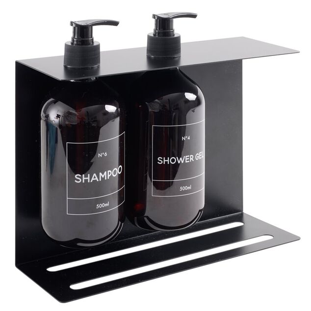 Distributeur de savon mural m&eacute;tal avec 2 flacons plastique 500ml noir 25x9xH22cm