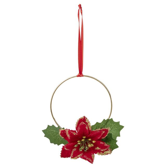 D&eacute;co fleur poinsettia &agrave; suspendre rouge et dor&eacute; 13x13cm