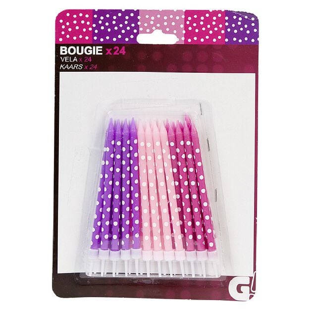 Bougies anniversaire &agrave; pois blanc rose et violet XXL x24