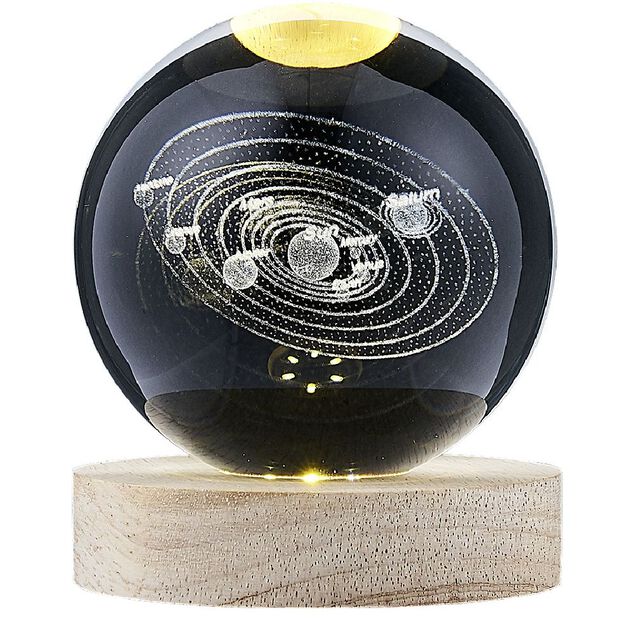 Boule de cristal grav&eacute;e socle LED th&egrave;me astro &Oslash;9xH10cm
