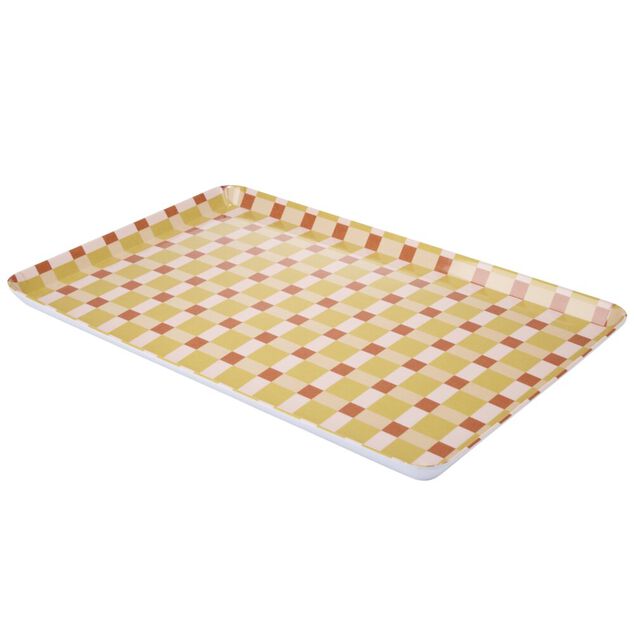 Plateau rectangulaire m&eacute;lamin&eacute; damier irr&eacute;gulier orange et rose 29,5x45,5cm