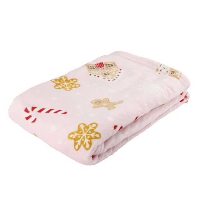 Plaid No&euml;l imprim&eacute; gourmandises polyester L160X130 cm rose