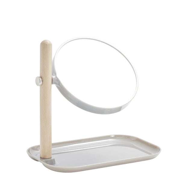 Miroir &agrave; poser rond double face avec plateau de rangement 22x14xH23cm