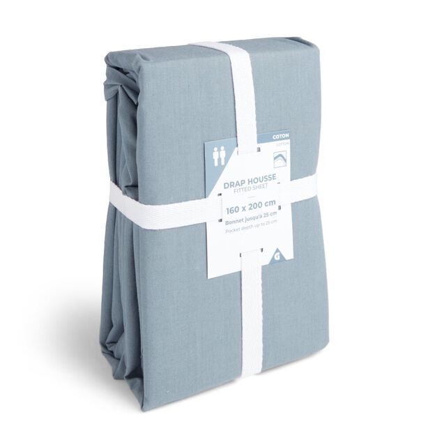 Drap housse 160x200cm 100% coton bleu chin&eacute;