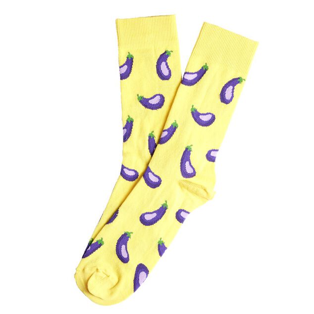 Chaussette homme polycoton tige longue jaune motif aubergine T41/46