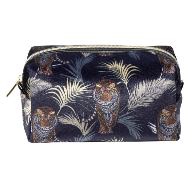Trousse de toilette bleu marine motif exotique feuillages et tigres 12x10xH9cm