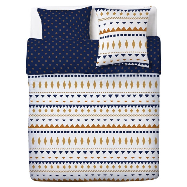Couvre lit r&eacute;versible imprim&eacute; ethnique bleu et blanc 240x220cm